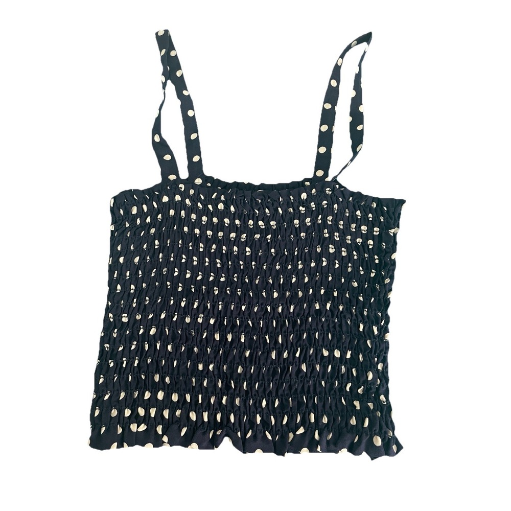 Audrey 3+1 Womens Polka Dot Smocked CroppedTank‎ Top Navy Blue Ruffle Hem S NWOT